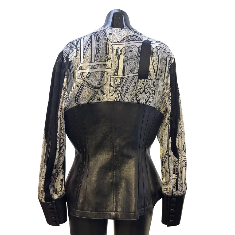 Jean Claude Jitrois Sheer White & Black Leather Accent Blouse M - Picture 2 of 9